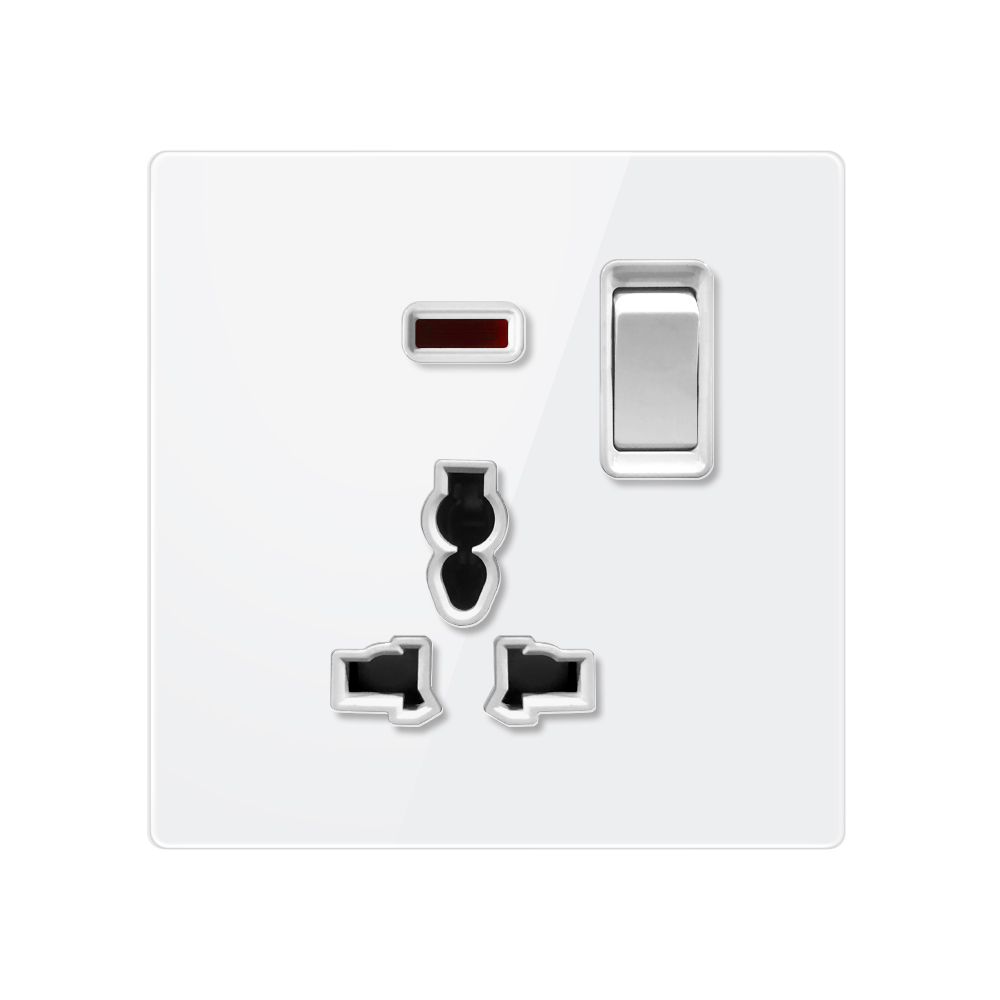 Tempered Glass Socket-YTG Universal 3 Pin Socket With Switch With Indicator Light-White